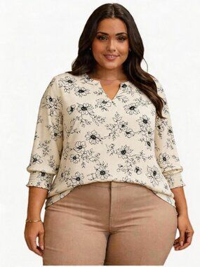 Women's Plus Size Tops 3/4 Sleeve Blouse V-Neck Shirt, APRICOT FLORAL, Size 2XL